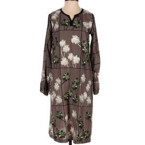 Boho Chic Brown Embroidered Cotton Knee Length dress with Palm Trees 100% Cotton